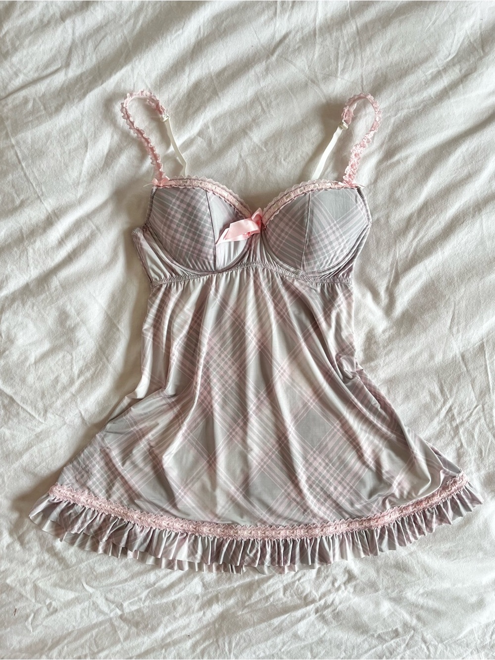 Y2K La SENZA Pastel Pink and Grey Plaid Lace-Trim Babydoll Chemise